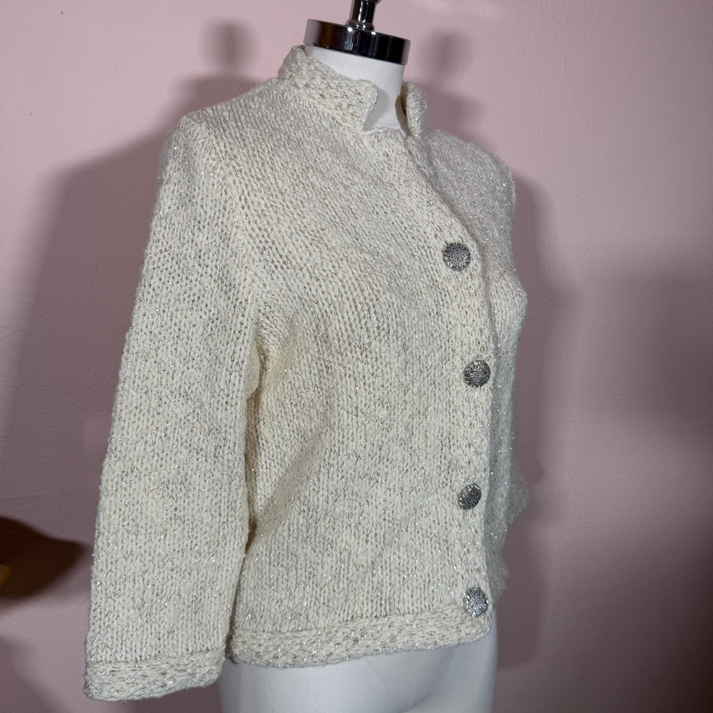 Vintage 1940 50 Retro Deco Cream wool Silver Metallic Cardigan sweater Jacket - Picture 12 of 17